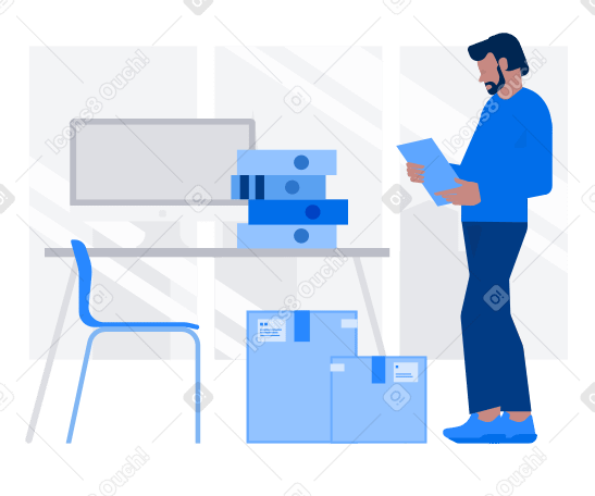 Office worker with a clipboard in hands, standing next to a large pile of documents PNG, SVG