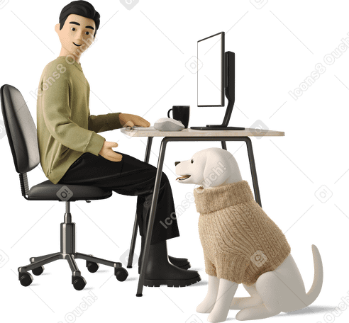 3D man working with dog PNG、SVG