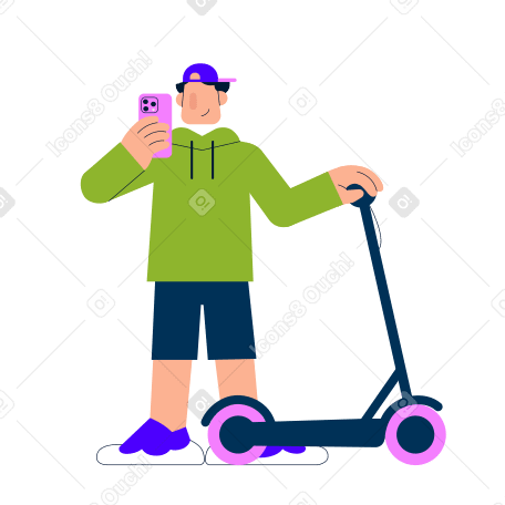 Man with scooter taking a photo animated illustration in GIF, Lottie (JSON), AE