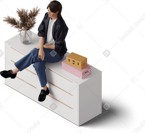 3D Изометрический вид молодой женщины, сидящей на комоде в PNG, SVG