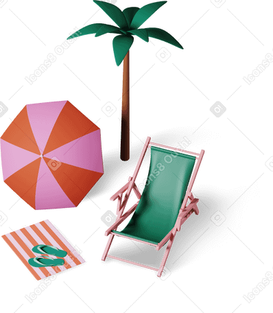 3D beach sunbed, umbrella, palm, slippers and towel PNG, SVG