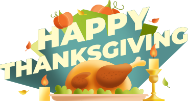 lettering happy thanksgiving with pumpkins, roast chicken and candles text PNG, SVG