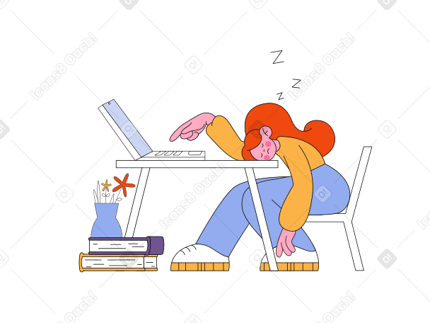 Tired girl sleeping at the desk at work Illustration in PNG, SVG