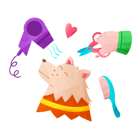 Dog grooming with comb scissors and hair dryer Illustration in PNG, SVG