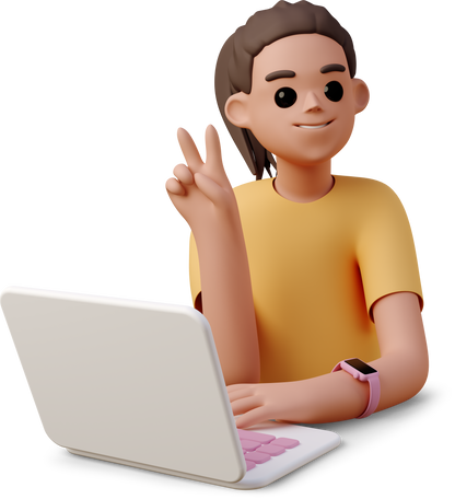 3D young woman working on laptop and showing v sign PNG, SVG