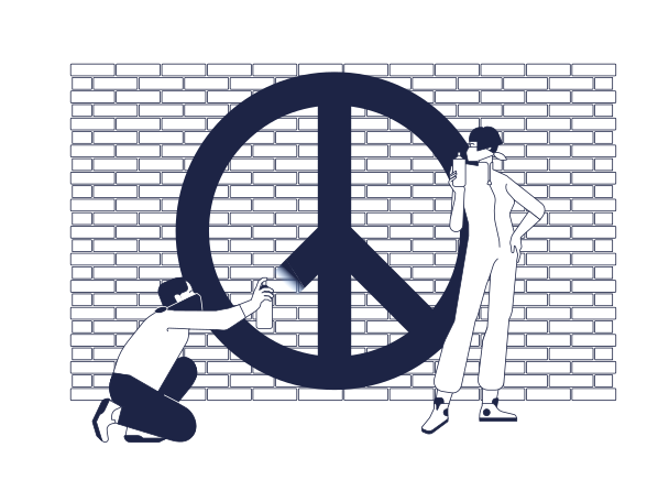 Man and woman panting graffiti of pacifist sign on the wall Illustration in PNG, SVG