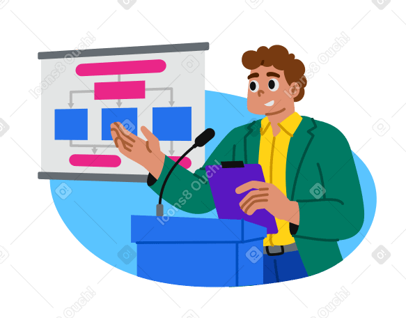 Человек проводит презентацию с блок-схемой в PNG, SVG