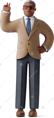 3D old businessman standing and showing v sign with hand on hip Illustration in PNG, SVG