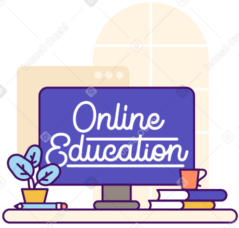 Надпись «онлайн-образование» на экране с книгами и растительным текстом в PNG, SVG