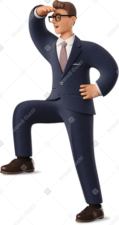3D businessman in blue suit looking into the distance Illustration in PNG, SVG