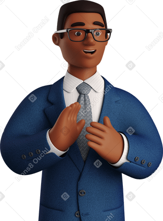 3D black businessman in blue suit applauding Illustration in PNG, SVG