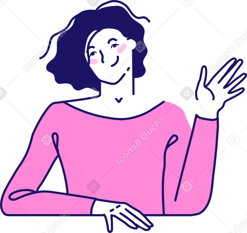 smiling woman with wavy hair sitting at the table and waving her hand Illustration in PNG, SVG