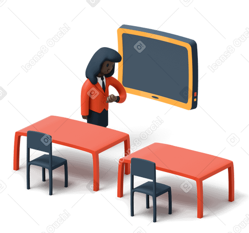 3D Teacher waiting for students in empty classroom Illustration in PNG, SVG