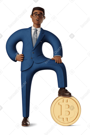 3D Businessman standing with one foot on a bitcoin Illustration in PNG, SVG