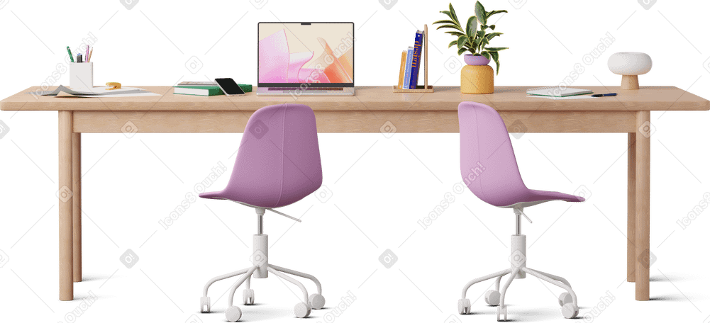 3D Vista frontal del escritorio de oficina con sillas, computadora portátil y papeles. PNG, SVG