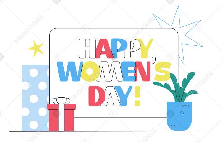 Letras feliz dia da mulher! com presentes e flor PNG, SVG