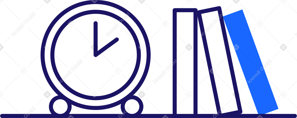 alarm clock and three books on the shelf Illustration in PNG, SVG