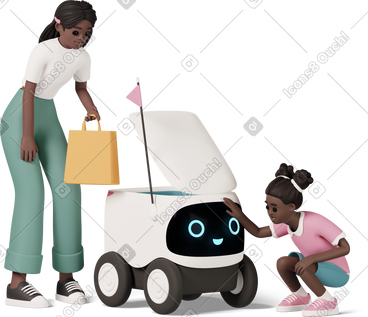 Two girls with delivery robot PNG, SVG