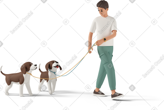 3D 男子用皮带牵着两条狗 PNG, SVG