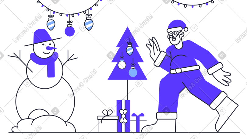 圣诞老人和雪人在圣诞树附近 PNG, SVG