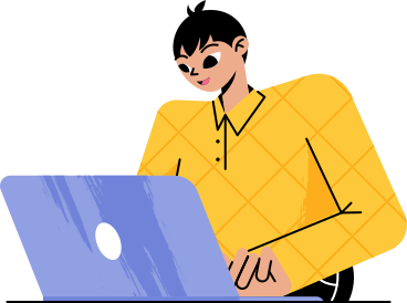 guy in a yellow shirt working on a laptop PNG, SVG