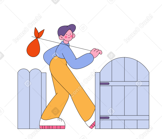 Man walking out the gate with a bindle Illustration in PNG, SVG