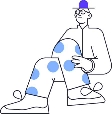 seated man wearing glasses and blue hat Illustration in PNG, SVG