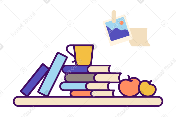 Estante com livros e maçãs PNG, SVG
