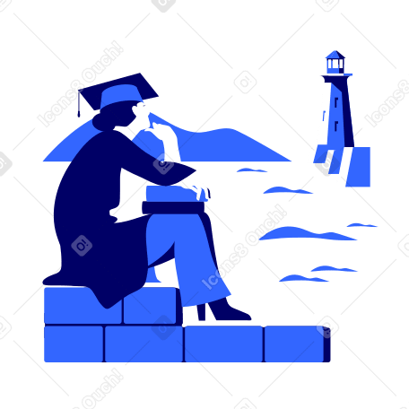 Выпускница колледжа в выпускной кепке и мантии сидит на берегу моря и смотрит на маяк в PNG, SVG