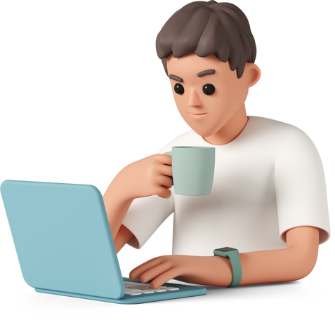 3D man working on laptop and drinking coffee Illustration in PNG, SVG