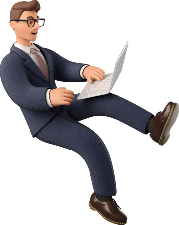 3D seated businessman in dark blue suit with laptop Illustration in PNG, SVG