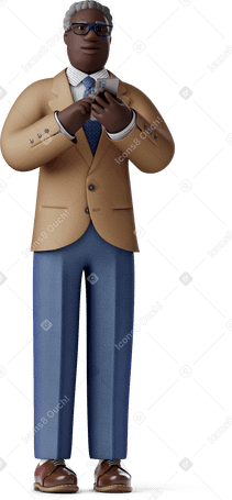 3D old businessman standing with phone and looking aside PNG, SVG