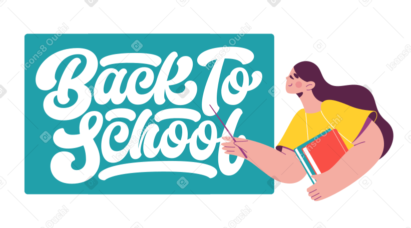 Lettering Back to School with woman and school board Illustration in PNG, SVG
