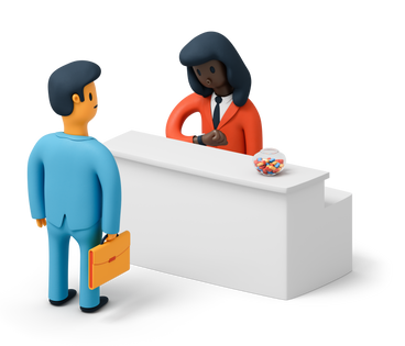 Female receptionist and businessman standing at reception desk PNG, SVG