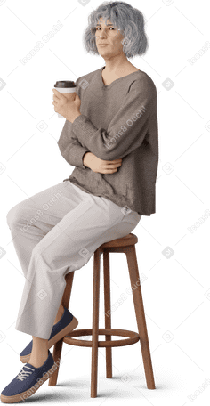 3D old woman sitting with cup of coffee PNG、SVG