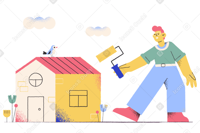 Художник-мужчина рисует дом роликовой кистью в PNG, SVG
