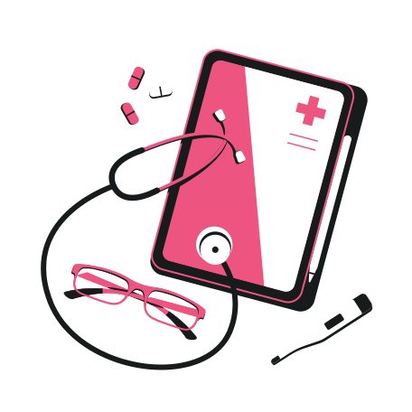 Doctor's tablet, stethoscope, thermometer and pills Illustration in PNG, SVG