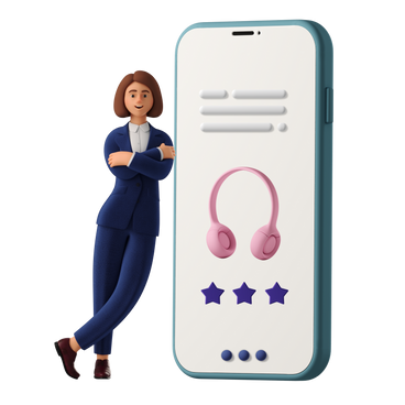 Woman in blue suit leaning on the phone with open online shopping PNG, SVG