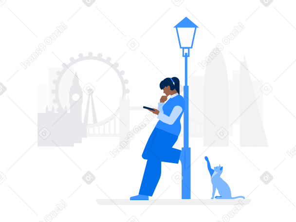 Woman with phone leaning on a lamppost and cat sitting near in London PNG, SVG