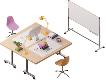 Isometric view of office desks and whiteboard PNG, SVG