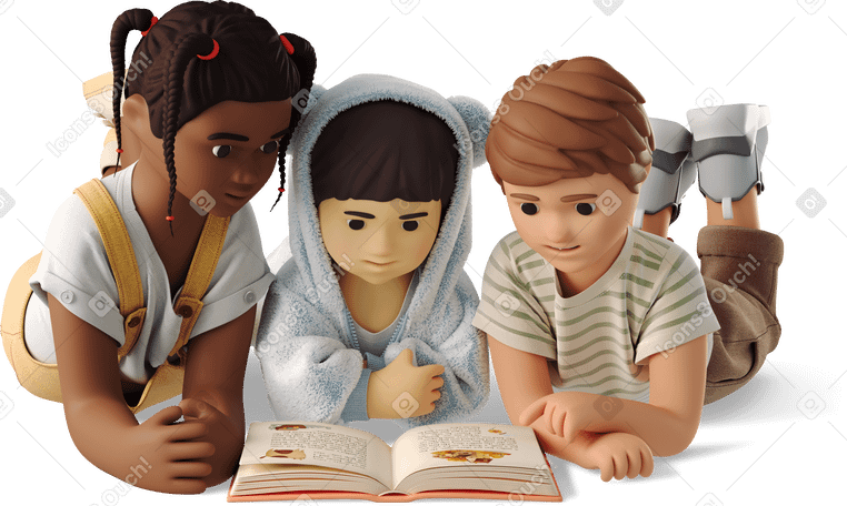 3D little children reading a book PNG、SVG