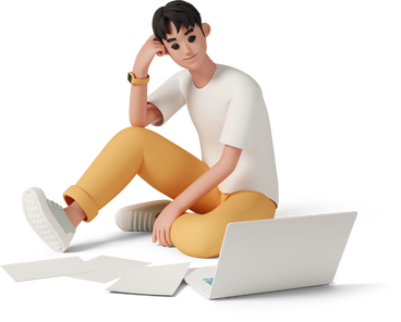 young man sitting on floor near laptop в PNG, SVG