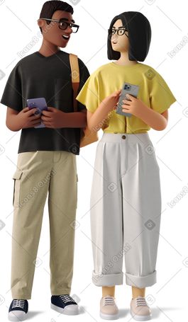 3D man and woman students with phones PNG, SVG