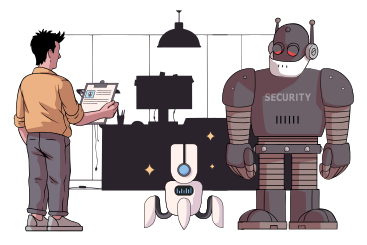 Man is interviewing robot guards to guard the office PNG, SVG