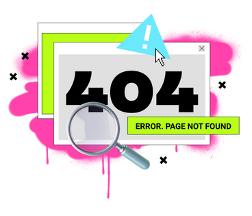 Errore testo 404, pagina non trovata con lente di ingrandimento e finestre del browser PNG, SVG