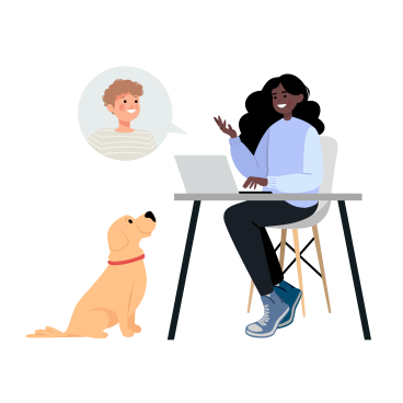 Freelance girl working at home next to her dog PNG, SVG