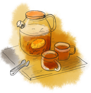 Transparent large teapot with lemon drink and two glass mugs PNG、SVG