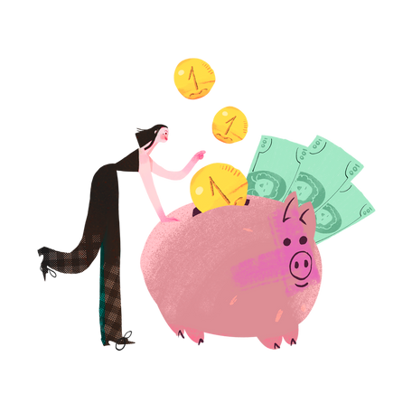 Girl counting money in piggy bank Illustration in PNG, SVG