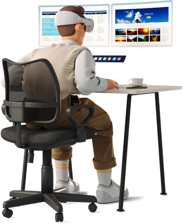 man wearing vr glasses at his desk PNG, SVG