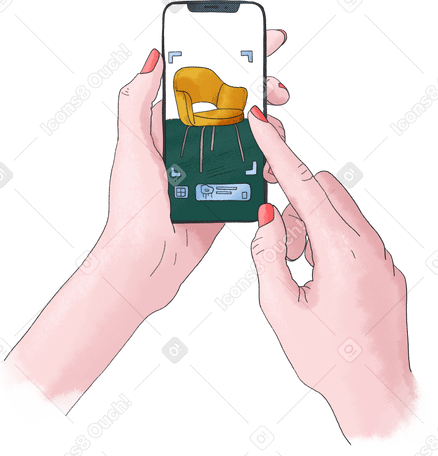 hands holding a phone with a furniture search app PNG, SVG